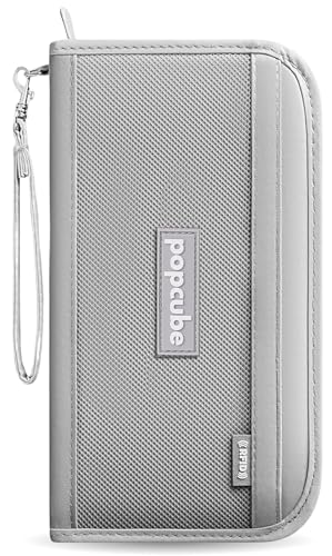 POPCUBE Large Polyester Travel Passport Cover for Men & Women with RFID Blocking- Family Passport Holder (25cm x 14cm x 2.8cm)- Passport Pouch with Removable Hand Strap. (Grey)