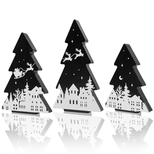 3 Pieces Christmas Tree Wooden Signs Black White Xmas Tiered Tray Decor for Christmas Home Tabletop Party Decor (Black)