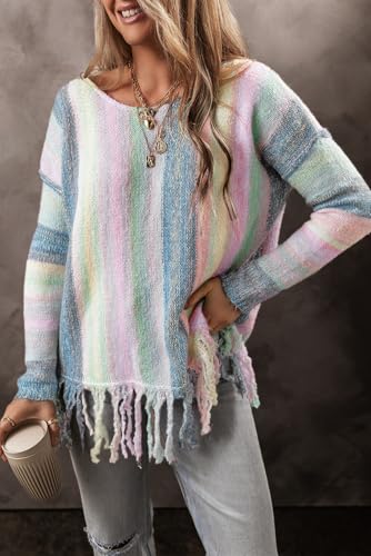 Women's Purple Color Block Fringed Tunic Sweater - Ombre Design2