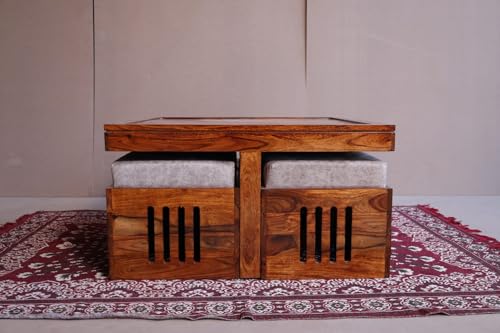 Image of Solid Sheesham Wood Coffee Table and 4 Stools with Coushion, Tea Table, Teapoy and Glass Top Furniture for Living, Guest Room, Holl Areas (Honey Finish)