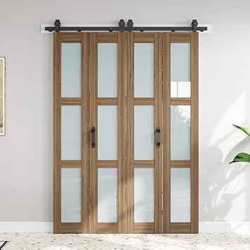 Fredbeck Bifold Barn Door 60x84 with Glass Double Sliding Closet Doors Brown