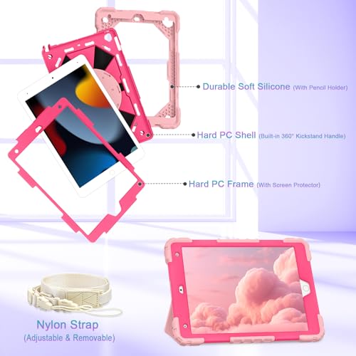 Image of Auizotl Case for iPad 9th /8th /7th Generation 10.2 Inch iPad Case 9th Generation with Screen Protector /Rotate Stand /Pen Holder, Heavy Duty Shockproof i Pad 9th /8th /7th Cases,Rose Pink
