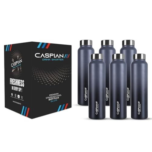 Image of CASPIAN / / / Astra ISI Certified Stainless Steel Water Bottle 1ltr. (Graphite, 1 Litre, Set of 6)|Leak Proof Thunder for Fridge Home Office Travel School Kids Boys Girls Adults Sports Gym Yoga|BPA Free