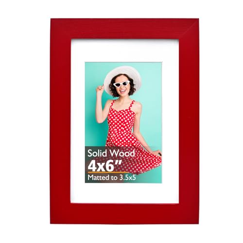 KINLINK 4x6 Frame Red, Solid Wood 4 x 6 Picture Frame with Acrylic Plexiglass for 3.5x5 with Mat, Tabletop and Wall Display Photo Frames 4x6 Red, 1 Pack
