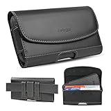 iPhone 14 Pro, 14 Plus Belt Holster with Bulky Phone Case. Chestnut Stitching On Black PU Leather. 3 Strong Magnets Closure. Reinforced Belt Loops with ID Card Slot. (for Rugged Case)