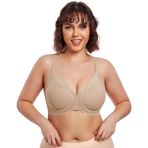 ANGOOL Women's Minimizer Bras for Large Breasts Full Coverage Support Non Padded Balconette Lace Bra with Underwire, Beige, 36D Cover