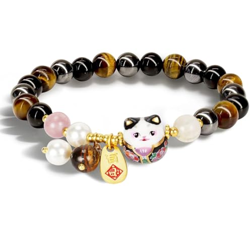 OURSHE Lucky Cat Bracelet Feng Shui Good Luck Jewelry Charm Bracelets for Men & Women, Wealth & Fortune Protection - Natural Black Gemstone Crystal Bracelets