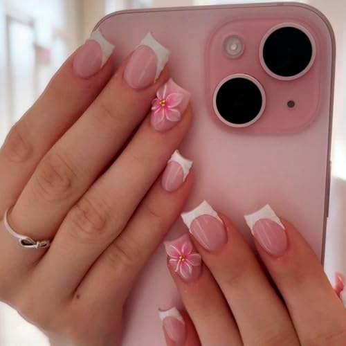 Image of 3D Pink Flower Press on Nails Short Square Fake Nails White French Tip Nail Press ons Floral Charms Glossy Full Cover Stick on Nail for Women Manicure 24Pcs