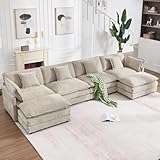 KIVENJAJA Oversized U-Shaped Modular Sectional Sofa, Modern Chenille 4-Seater Deep Seat Cloud Couch with 2 Ottomans/Chaises & 6 Pillows for Living Room Office, 146.5”W, Light Camel