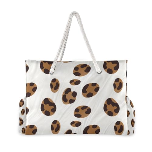 Brown Leopard Pattern on White Beach Bags for Women Ladies Large Canvas Tote Shoulder Bag Waterproof Travel Bags for Gym Swim Pool Camping2
