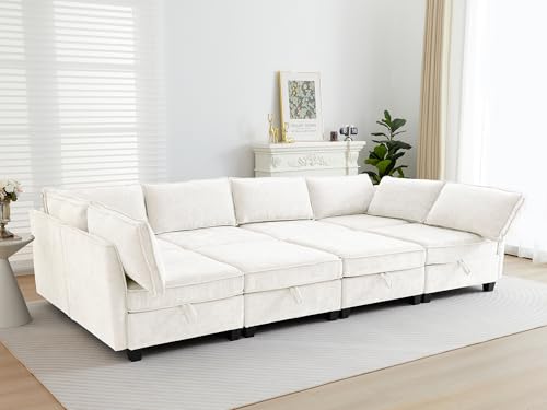 Image of ORRD Oversize Sleeper Modular Sectional Sofa Set, Convertible Couch Bed with Storage, 8 Seater Sofa Modular for Living Room, Office (Beige)