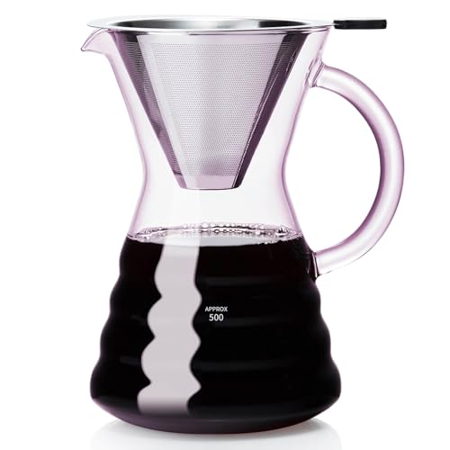 Image of Unbreakable - Pour Over Coffee Maker with Permanent Stainless Filter 27 fl oz, Thickened Heat-Resistant Borosilicate Glass Dripper Coffee Brewer, Stovetop Safe, Pink