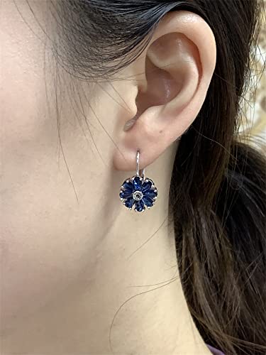 CZ Wedding Daisy Flower Earrings for Women Girls Silver Plated Cubic Zirconia Cute Sunflower Dangle Small Hoop Lever Back Huggie Hoops Earring Nickel Free Birthday Party Vacation Jewelry Gifts (Blue)4