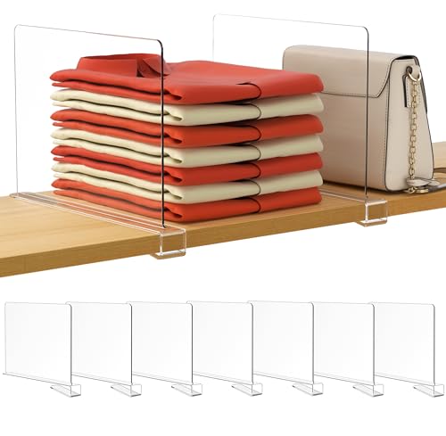 Image of HBlife 7 Pack Clear Shelf Dividers, Vertical Purse Organizer for Closet Perfect for Sweater, Shirts, Handbags in Bedroom and Kitchen, Adjustable Acrylic Bookshelf for Organization