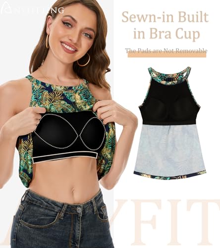 Image of Women Halter Tank Top with Built in Bra Flowy Sleevless Padded Camisole Loose Fit Summer Shirt Top S-3XL