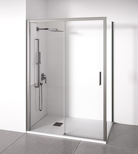 Mampara de ducha angular 1 corredera + 2 fijos - sin perfilería inferior - Cristal transparente templado 6mm - Plata Brillo - Ancho adaptable 115-120 x 77-80cm - Posición puerta derecha - Alto 195cm