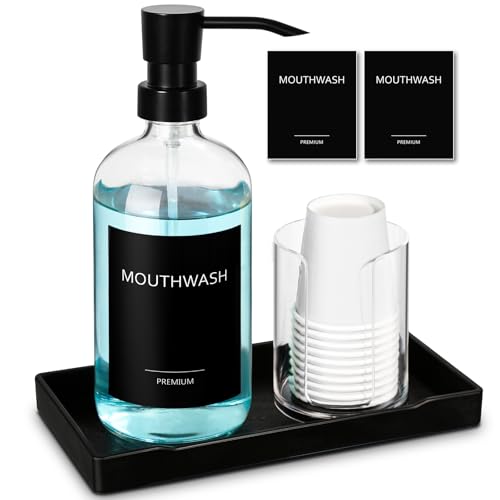 TOLDATLI Mouthwash Dispenser for Bathroom Glass Mouth Wash Pump Dispenser with Cup Holder 17 Fl Oz Mouthwash Bottle Decanter with Tray Refillable Mouthwash Dispenser Container