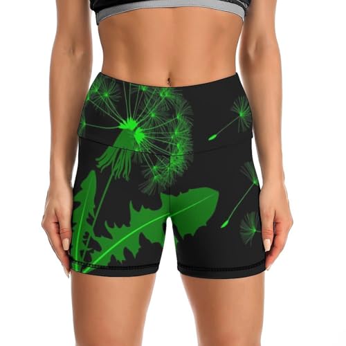 Flower of Dandelion Pattern High Waist Yoga Shorts for Women Athletic Shorts Leggings Running Pants Black