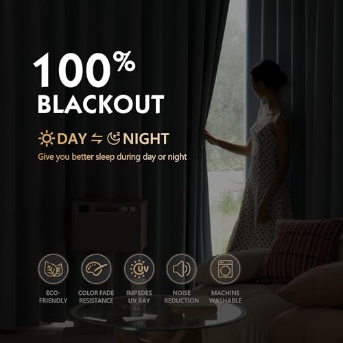 Image of FMFUNCTEX 100% Blackout Curtains for Bedroom, Slate Blue Curtain 108 Inches Long Drapery Thermal Insulated Curtains for Living Room, Black Out Drapes Rod Pocket Room Darkening 2 Panels