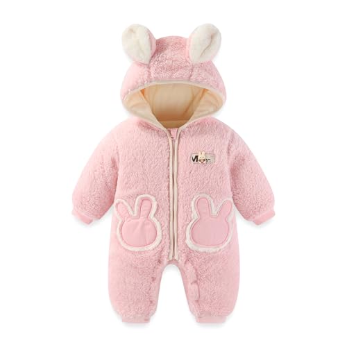 JiAmy Baby Fleece Snowsuit Winter Romper Hooded Warm Infant Newborn Jumpsuit Cute Bear Boys Girls Outfits 3-6 Months Pink