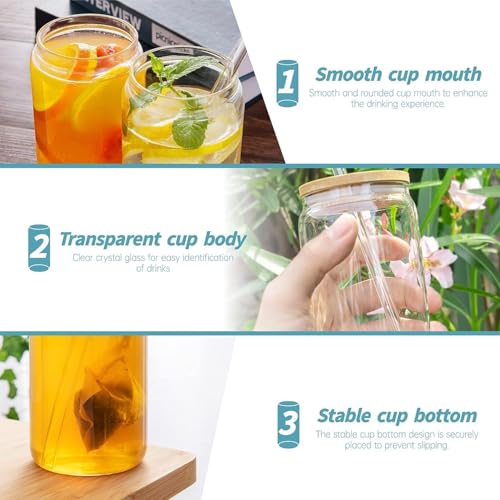 Image of VILON Drinking Glass Can Wooden Lid Sipper Mason Jar for Mojito Ice Tea Juice Travel Mug with Straw | 540ml | Set of 6 (Round Bamboo Sipper 540 ML)