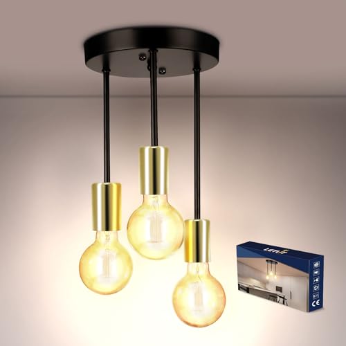 Letlit Lámpara de Techo 3 Flames - Lámpara de Techo Vintage Negro + Oro, E27 Lámpara de Cocina Colgante Araña, Retro Industrial Lámparas de Techo Para Comedor Cocina Bar Restaurante