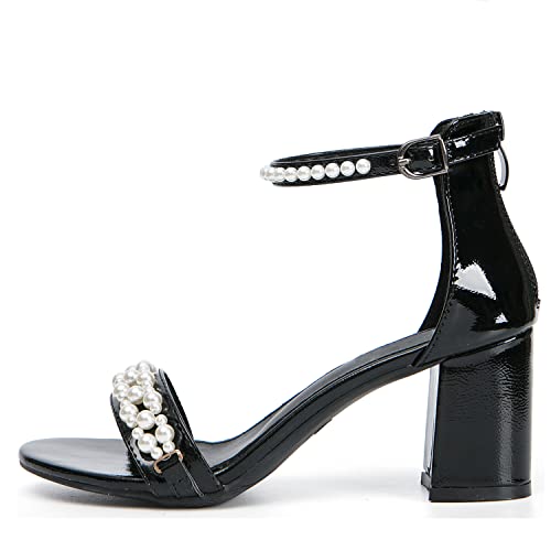 Image of Women's Heels Sandals for Women Open Toe Fashion Pearls Platform Heeled Sandals Ankle Strap Block Chunky Low Heel Pump Sandal Party Wedding Dress Shoe