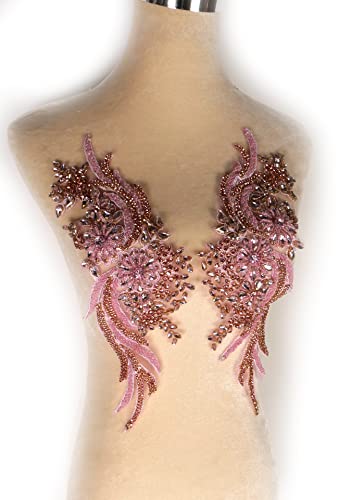 La Belleza 1 Pair Hand-Made Beaded Rhinestons Diy Clothing Appliques Patch,14.5" *4.7" Wedding Dress Decoration,Rose Gold/Hot Pink/Silver/Red/Black Flower Applique By Pair (Pink) #TOP7