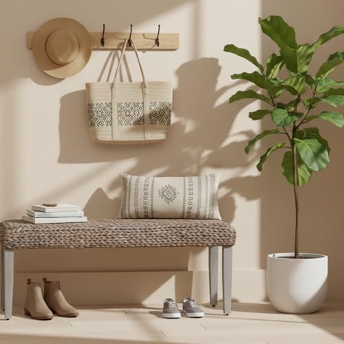 Image of Solid Wood Acacia Indoor Bench with Natural Woven Water Hyacinth Seat, Wood Bench for Living Room or Entryway, Vintage Bench, Fishbone Style, Grey Leg