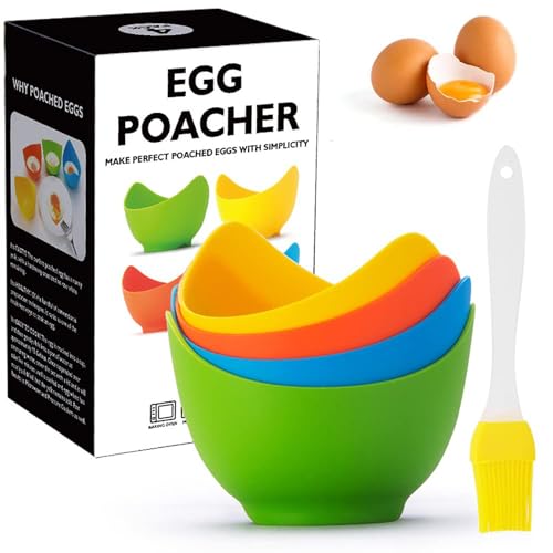 4 Pcs Silicone Egg Poacher Cups Poached Egg Cooker with Ring Standers for Microwave or Stovetop Egg Cooker with Extra Oil Brush