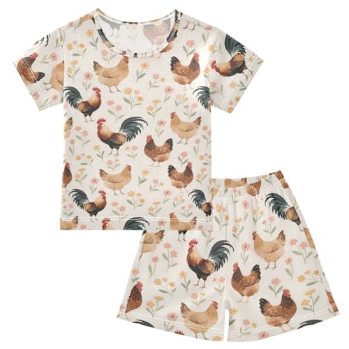 ALAZA Roosters Floral Pajama Set Short Sleeve Sleepwear Soft Lounge Nightwear