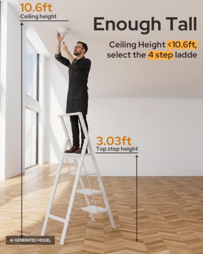 Image of 4 Step Ladder Folding Step Stool Stepladders with Anti-Slip and Wide Pedal for Home and Kitchen Use Space Saving (White)