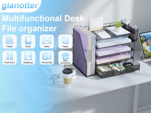 Image of gianotter 5-Tier Desk Organizer with Drawers and File Holders | Letter Trays and Pen Holders - Workspace Accessories for Office Supplies (Black)