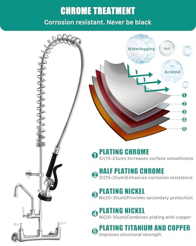 Commercial Kitchen Faucet Heavy Duty Wall Mount Sink Faucet, 8 Inch Center 47 Inch Commercial Kitchen Faucet with Pre-Rinse Sprayer and 14 Inch Add-On Spout for 1,2,3 Compartment Sinks - Thumbnail 3
