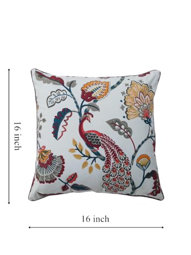Image of Cotton Cushion Covers 16x16 Inch - Hand Block Floral Print Pillow Covers for Sofa, Couch & Bedroom (Pack of 5) (Red & White)