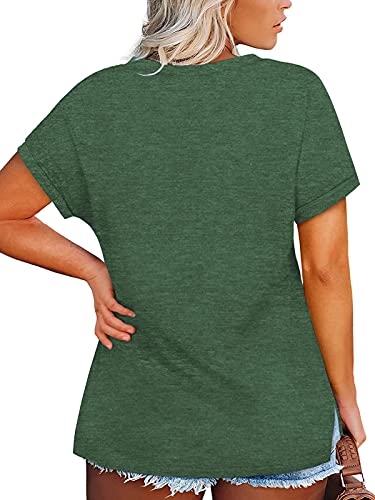 Rosriss Womens Plus Size T Shirts 3Xl Solid Color Summer V Neck Tops Green 24W #TOP3