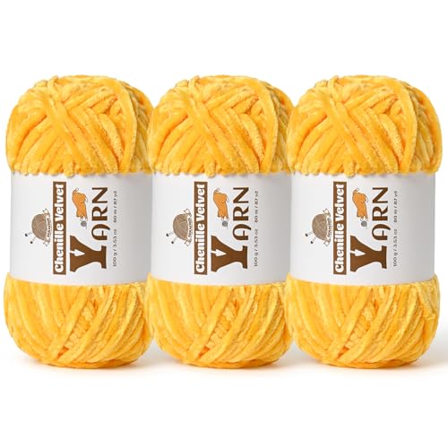 Image of 3 Pack Plush Chenille Chunky Yarn - Fluffy Velvet Yarn Crochet for Blanket Knitting and Crocheting - Soft Baby Yarns for Crocheting - Amigurumi Crochet Yarns 100g (87yds) (3 Golden Yellow)