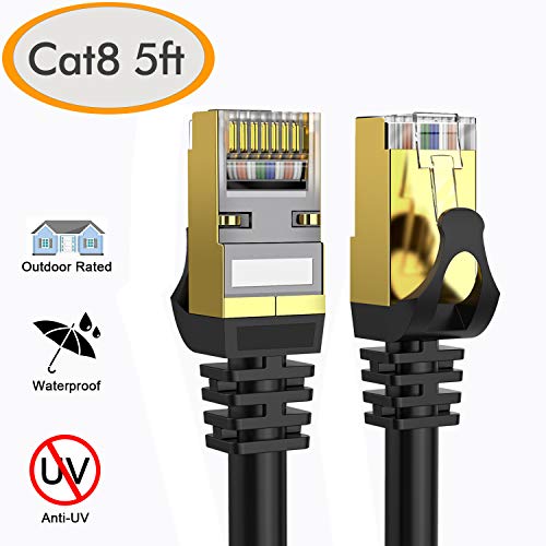 Cat 8 Ethernet Cable 5 ft Shielded, 26AWG Lastest 40Gbps 2000Mhz SFTP Patch Cord, Heavy Duty High Speed Cat8 LAN Network RJ45 Cable- in Wall, Outdoor, Weatherproof Rated for Router, Modem, Gaming