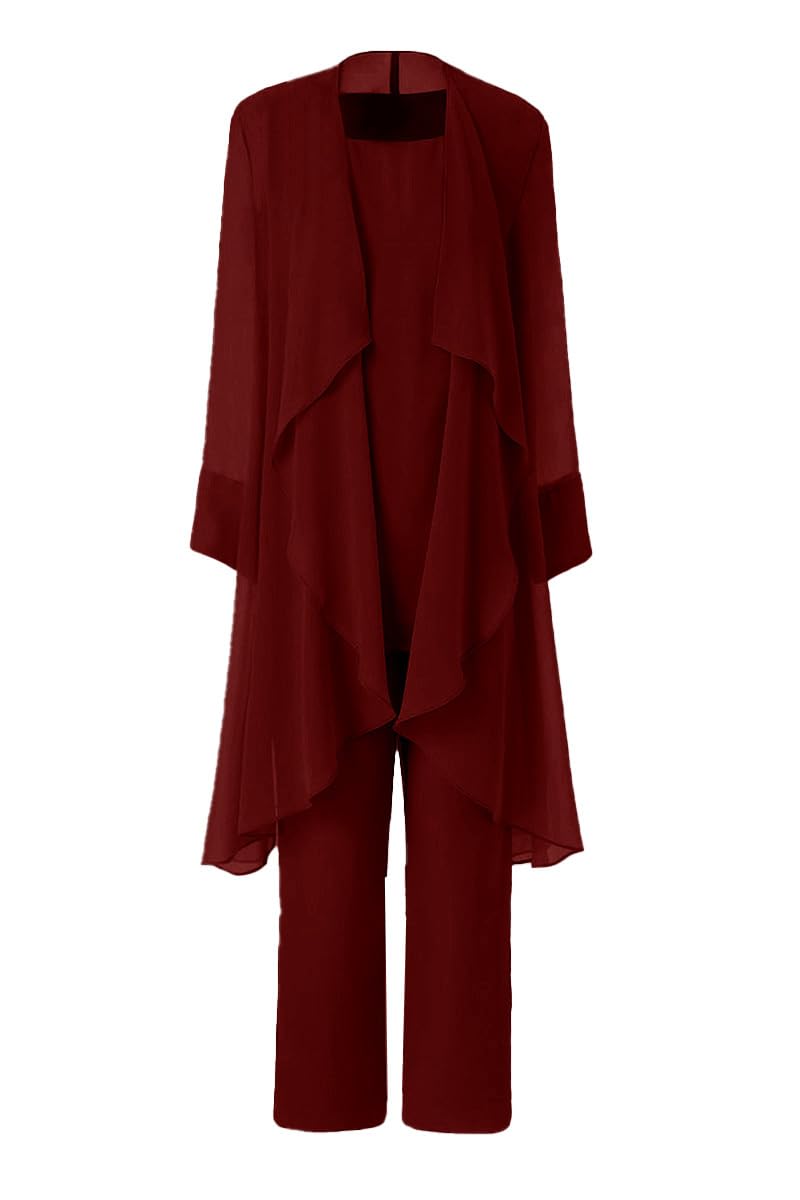 Women's Mother of The Bride Pant Suits 3 Pieces Chiffon Outfit Sets for Wedding Pant Suit with Jacket Burgundy