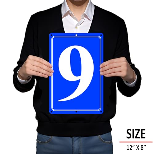 Image of Premium Aluminum Number Signs 9, Metal 12 inch X 8 inch Blue Numbered Signs Outdoor for Parking Lots, Floor, Dock, Court, Aisle, Field, High Visibility, No Fade, Weather-resistant