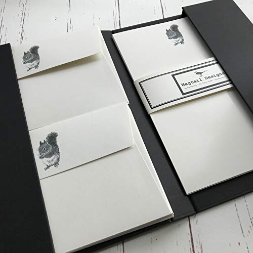 Wagtail Designs Briefpapier-Geschenk-Set mit Eichhörnchen-Illustration in einer schönen schwarzen Schreibmappe (18 Blatt und 18 Umschläge) Cover