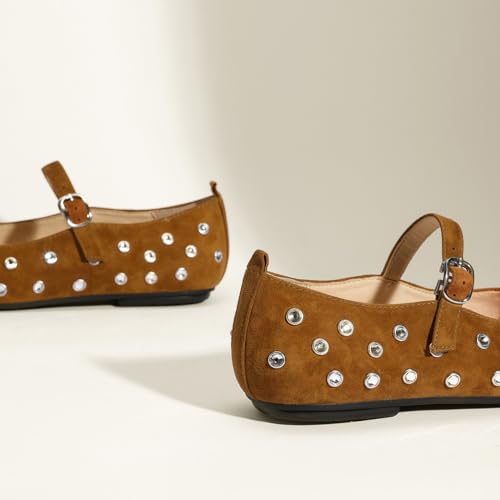 MRKEWUNEY Ballet Flats for Women Rhinestone Rivet Buckled Strap Mary Jane3