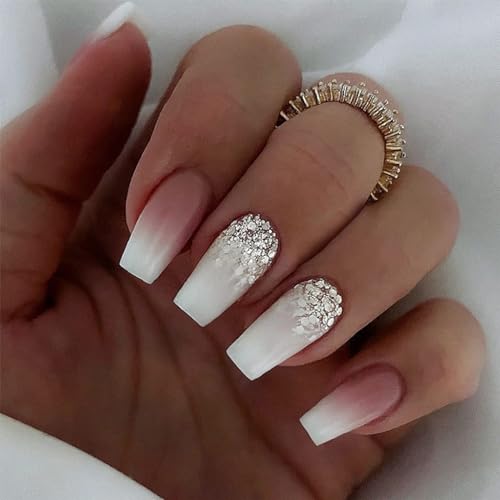 24pcs Long Coffin False Nails White Pink Ombre Stick On Glitter Sequin Press On Removable Glue-On Fake Acrylic Full Cover Nail Art Accessories for Women Girls
