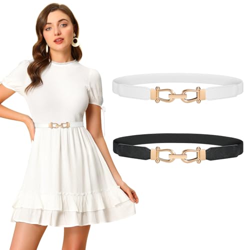 JASGOOD 2 Pack Women Thin Skinny Waist Belt for Women Elastic Stretch White Belt for Dress Pants