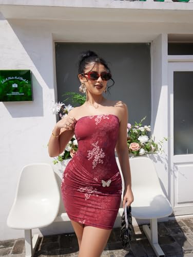 XXTAXN Women's Sexy Tube Strapless Floral Pattern Ruched Bodycon Date Night Mini Dress with Bow Tie3