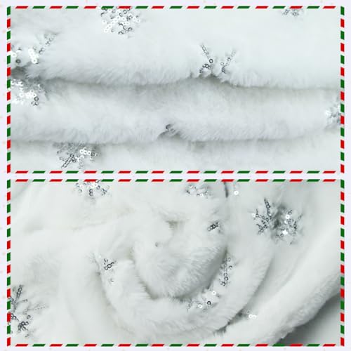 Christmas Tree Skirt, 30 Inch Faux Fur White Snowflake Christmas Tree Skirt Suitable for Christmas Tree Decoration, Vacation House Decoration, Xmas Party Decoration, Silver Snowflake Home Decoration