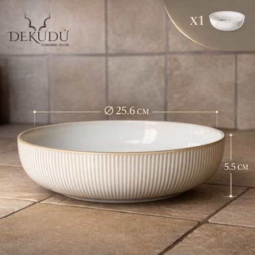 DEKUDÙ Salatschüssel Keramik Servierschüssel Servierplatte Steingut Teller - Handgefertigt - Hochwertiges Steinzeug- 1 Stück - Ø 25 cm - Spülmaschinen Mikrowellen ofenfest Kratzfest -Modern - Beige