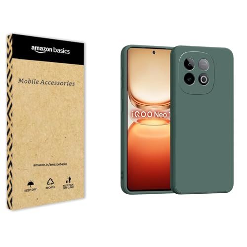 Image of amazon basics Back Cover for iQOO Neo 10 5G | Ultra Slim Soft Rubberised Case | Matte Silicone Flexible Mobile Case | Camera Protection - Green