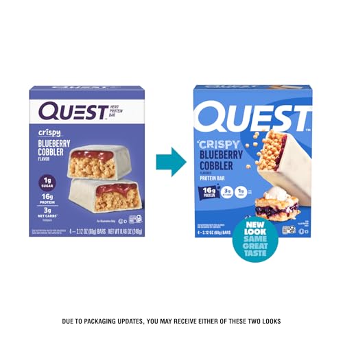 Image of Quest Nutrition Crispy Blueberry Cobbler Hero Protein Bar, 16g Protein, 1g Sugar, 3g Net Carb, Gluten Free Protein Snack, Keto Friendly, 4 Count