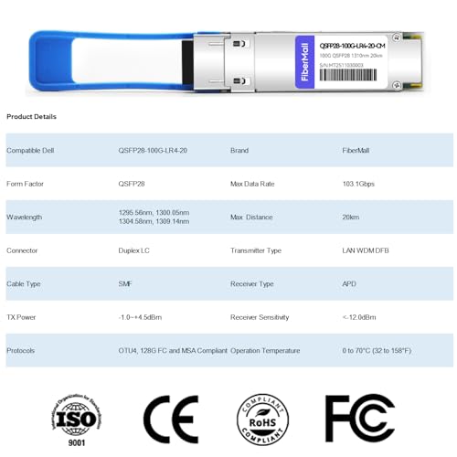 Image of 100G QSFP28 LR4 Optical Transceiver Module Compatible with Dell QSFP28-100G-LR4-20,100GBASE-LR4 QSFP28 1310nm LWDM4 20km LC SMF DOM